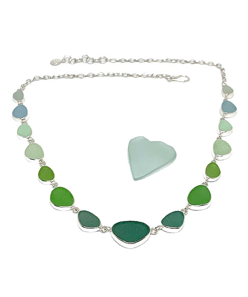 Clear, Soft Coke Blue, Jadeite & Green Graduating 15 Piece Sea Glass Necklace