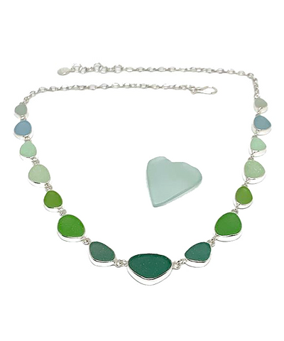 Clear, Soft Coke Blue, Jadeite & Green Graduating 15 Piece Sea Glass Necklace