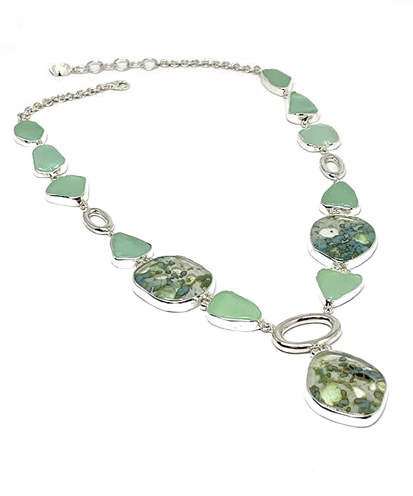 16 Piece Aqua Sea Glass with Fused Art Glass and Heavy Silver Loops Y-Style Necklace