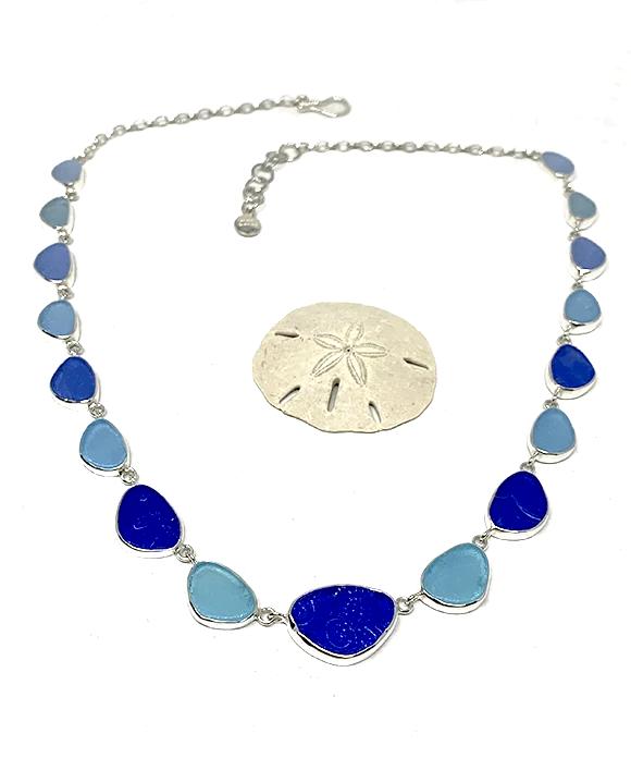 Aqua, Blue and Textured Coblat Graduating 17 Piece Sea Glass Necklace