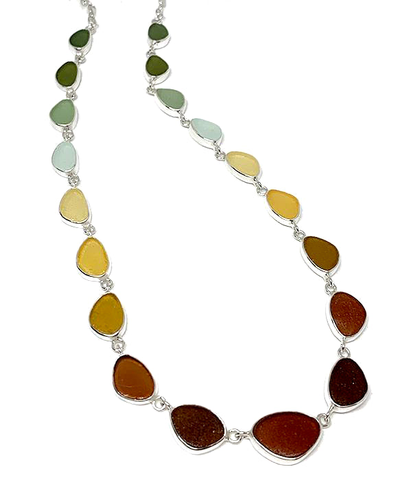Brown, Amber, Sage to Olive Graduating 19 Piece Sea Glass Necklace