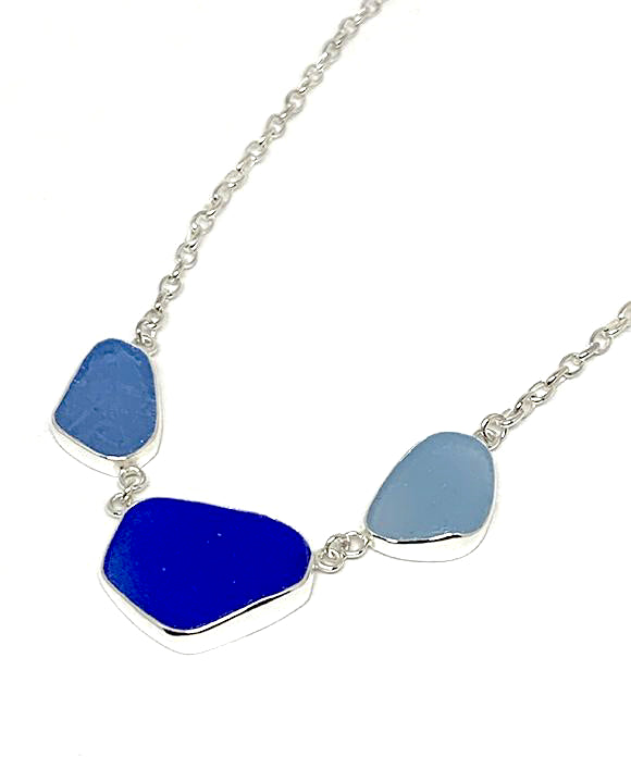 Textured Blue, Cobalt and Cornflower Blue 3 Piece Sea Glass Necklace