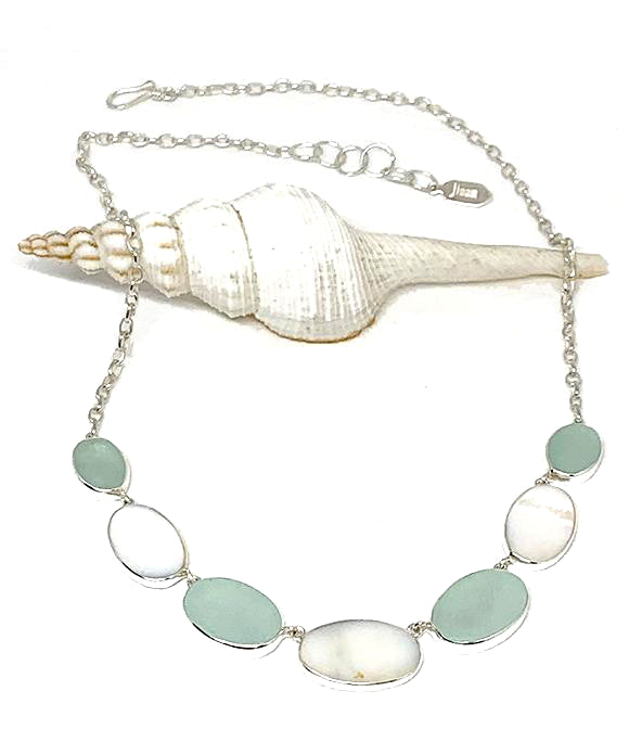 Coke Bottle Blue Sea Glass with Mother of Pearl 7 Piece Necklace