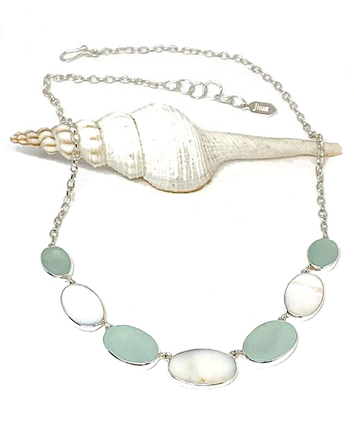 Coke Bottle Blue Sea Glass with Mother of Pearl 7 Piece Necklace