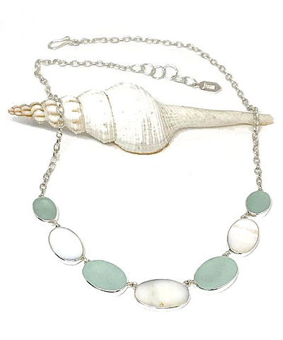 Coke Bottle Blue Sea Glass with Mother of Pearl 7 Piece Necklace