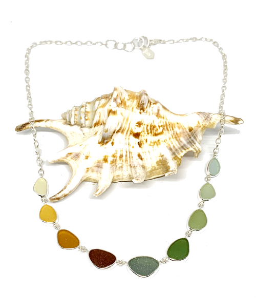 Graduating Amber to Olive 9 Piece Sea Glass Necklace