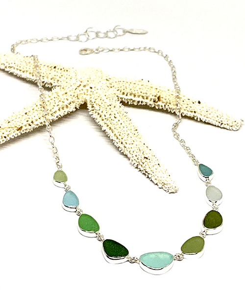 Olive and Aqua 9 Piece Sea Glass Necklace