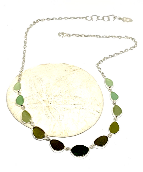 Light Aqua, Sage Green to Dark Olive Graduating 11 Piece Sea Glass Necklace