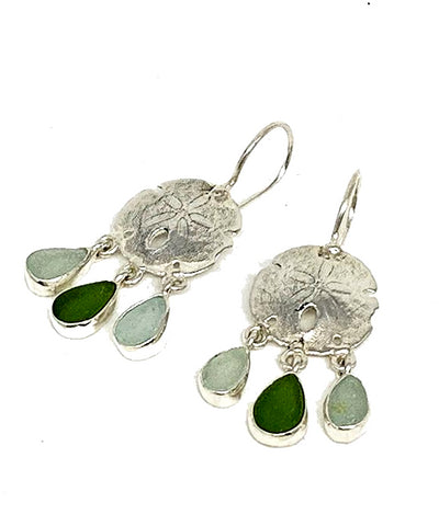 Cast Sterling Sand Dollar with Coke Bottle Blue and Green Sea Glass Chandelier Earrings