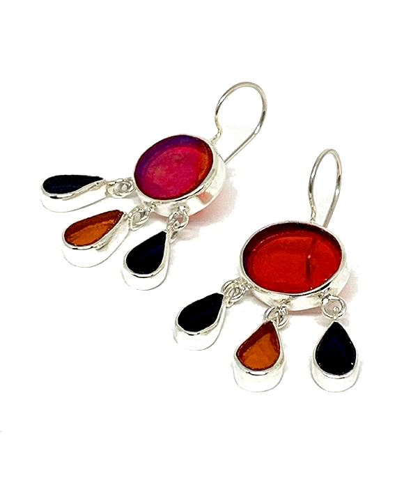 Iridescent Red, Dark Purple, & Burnt Orange Stained Glass Chandelier Style Earrings