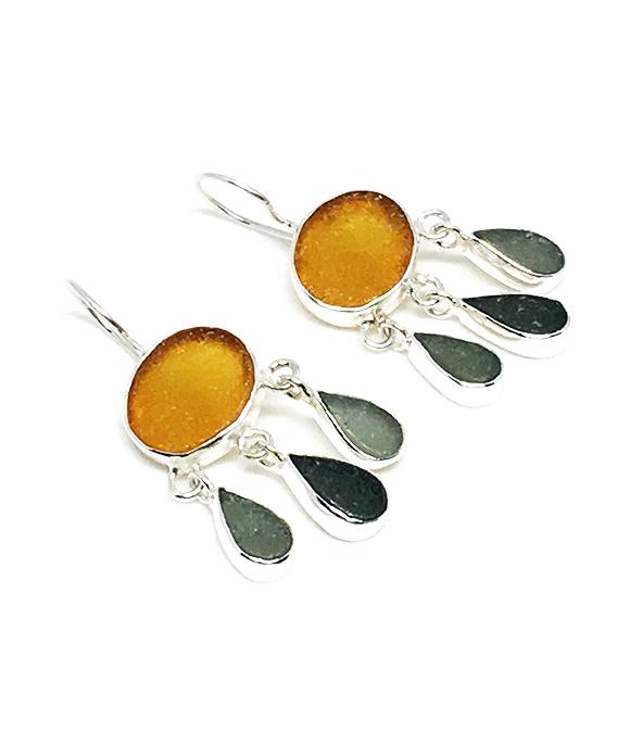 Dark Amber & Gray Sea Glass Chandelier Earrings
