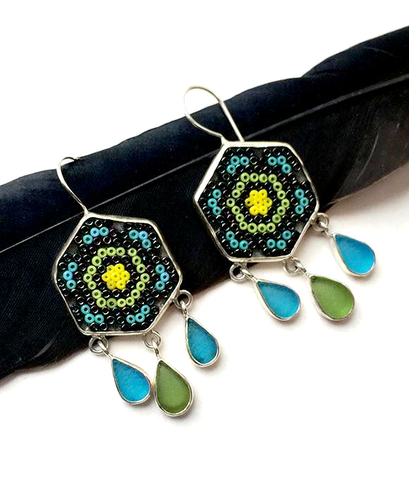 Turquoise and Green Fused Beaded Glass Mandala Flower Earrings with Sea Glass Drops 