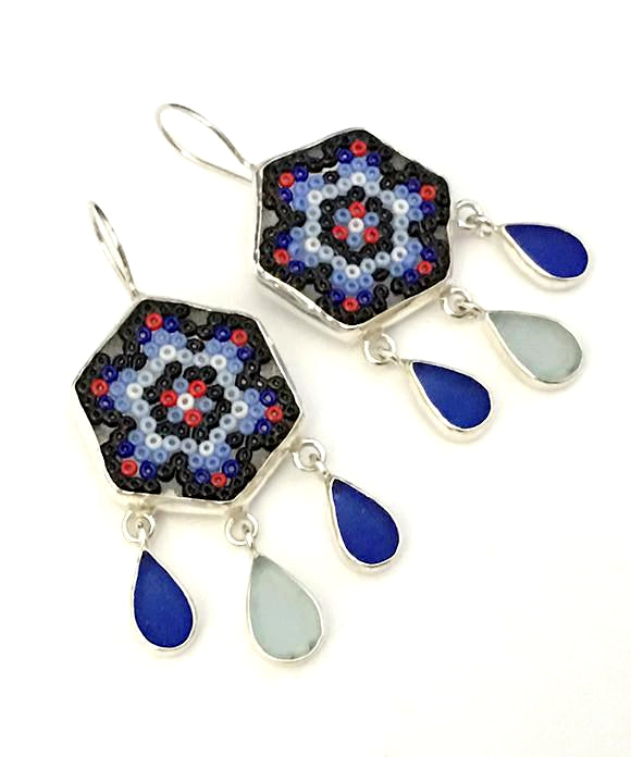 Cobalt, Red & Black Fused Beaded Glass Mandala Flower Earrings with Sea Glass Drops