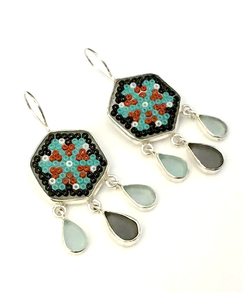 Grey & Aqua Fused Beaded Glass Mandala Flower Earrings with Sea Glass Drops