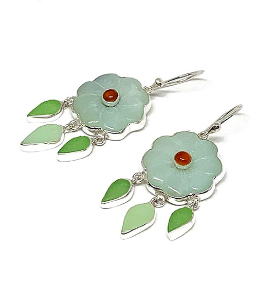 Hand Carved Amazonite Stone Flower with Carnelian and Sea Glass Leaves Double Drop Earrings #1