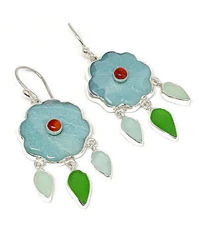 Hand Carved Amazonite Stone Flower with Carnelian and Sea Glass Leaves Double Drop Earrings #2