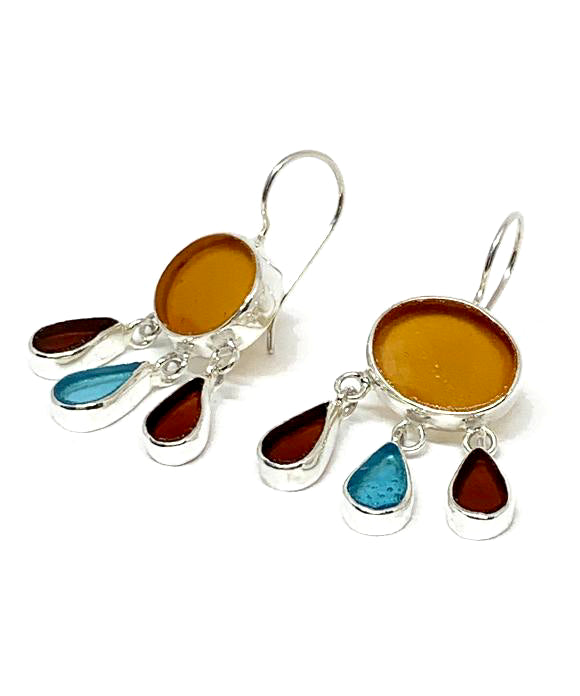 Dark Amber with Raspberry & Turquoise Drop Stained Glass Chandelier Style Earrings