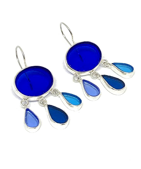 Cobalt with Aqua, Turquoise & Blue Drop Stained Glass Chandelier Style Earrings