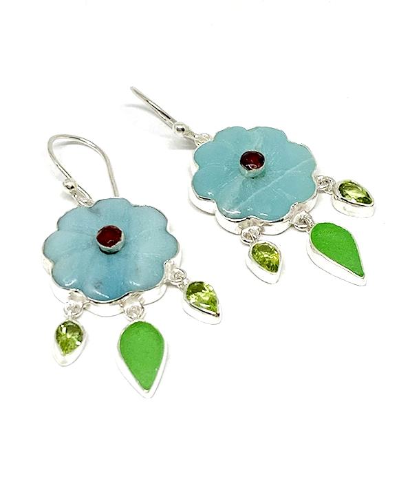 Hand Carved Amazonite Stone Flower with Faceted Garnet and Peridot with Sea Glass Leaves Double Drop Earrings