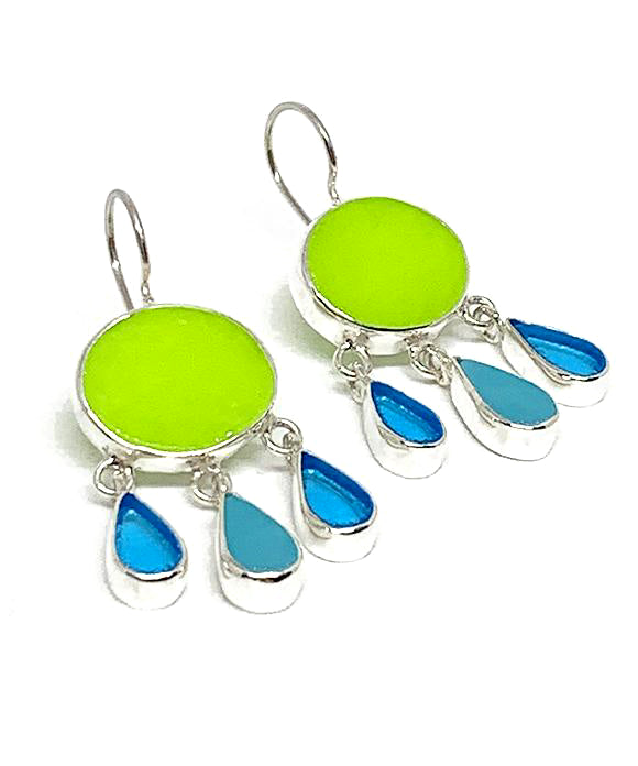 Bright Lime Green & Turquoise Stained Glass Chandelier Style Earrings