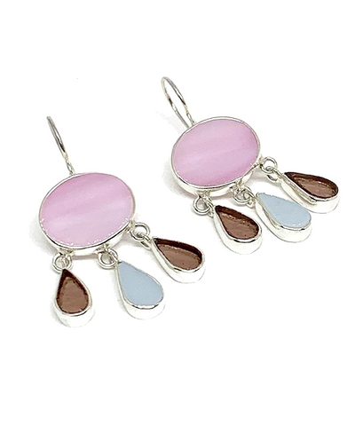 Pink with Purple & Opaque Light Blue Drop Stained Glass Chandelier Style Earrings