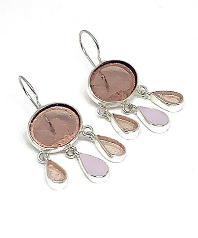 Clear Dusty Purple with Clear & Opaque Pink Drop Stained Glass Chandelier Style Earrings