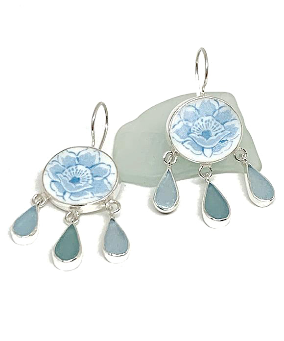 Aqua Blue & White Vintage Pottery & Aqua Sea Glass Chandelier Style Earrings