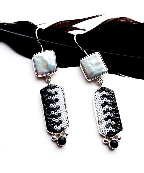 Black and White Beaded Glass with Square Pearl Double Drop Earrings