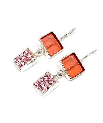 Salmon Pink Stained Glass and Purple & White Floral Vintage Pottery Double Drop Earrings