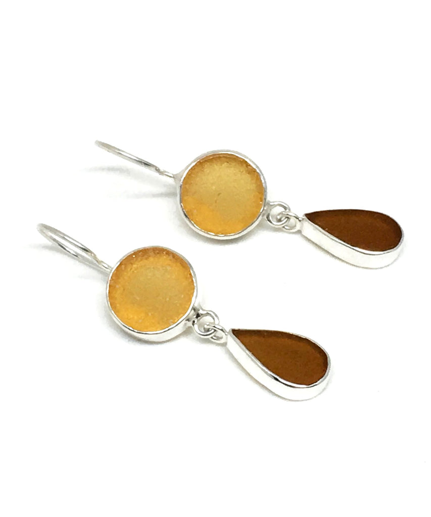 Amber & Brown Sea Glass Double Drop Earrings