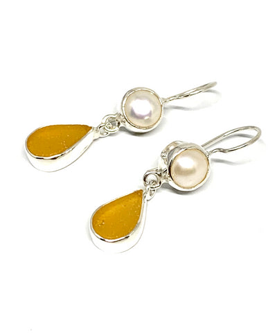 Amber Sea Glass with Pearl Earrings Double Drop Earrings