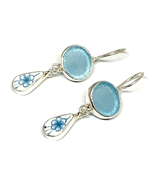 Aqua Sea Glass with Aqua Floral Vintage Pottery Double Drop Earrings