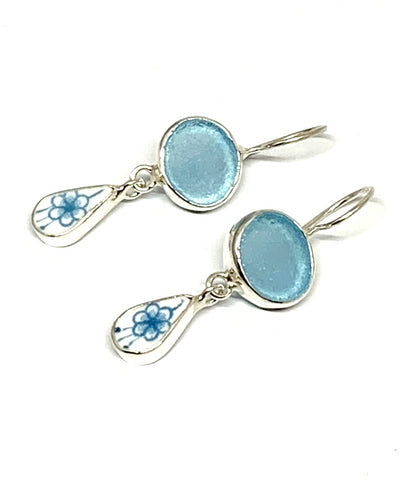 Aqua Sea Glass with Aqua Floral Vintage Pottery Double Drop Earrings