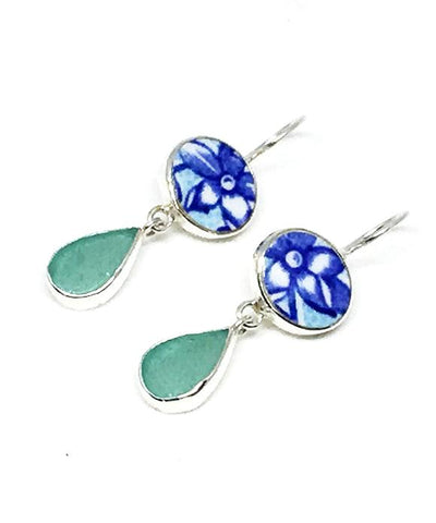 Blue & Aqua Floral Vintage Pottery & Aqua Sea Glass Double Drop Earrings