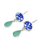 Blue & Aqua Floral Vintage Pottery & Aqua Sea Glass Double Drop Earrings