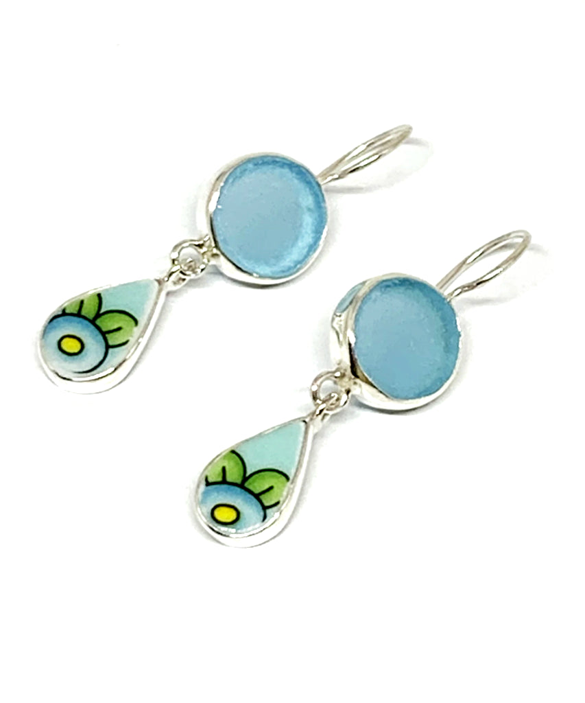 Aqua Sea Glass & Turquoise Flower Vintage Pottery Double Drop Earrings