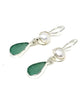 Dark Aqua Sea Glass with Pearl Earrings Double Drop Earrings