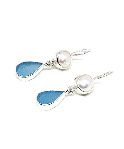 Dark Aqua Sea Glass with Pearl Earrings Double Drop Earrings