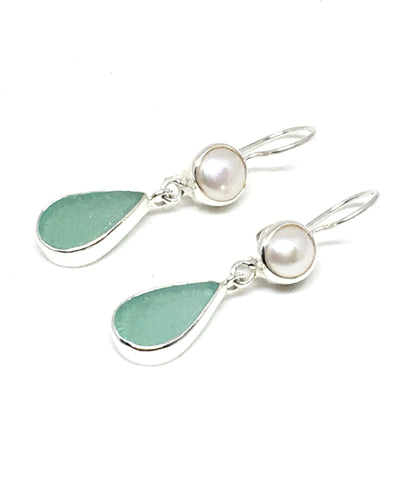 Soft Aqua Blue Sea Glass with Pearl Earrings Double Drop Earrings