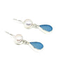 Dark Aqua Sea Glass with Pearl Earrings Double Drop Earrings