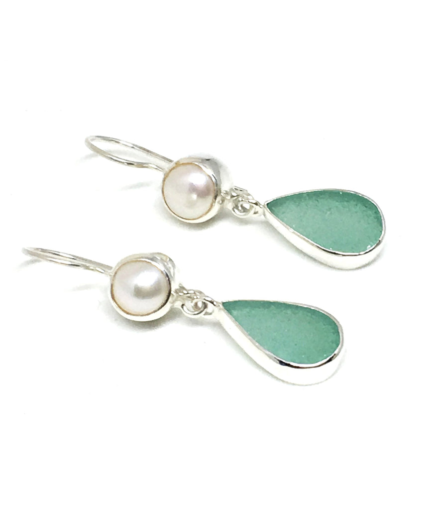 Soft Aqua Sea Glass with Pearl Earrings Double Drop Earrings