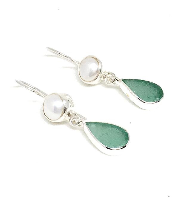 Dark Aqua Sea Glass with Pearl Earrings Double Drop Earrings