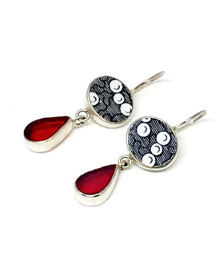 Black & White Patterned Vintage Pottery with Red Stained Glass Double Drop Earrings