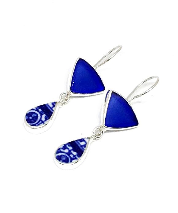 Cobalt Sea Glass & Blue and White Vintage Pottery Double Drop Earrings
