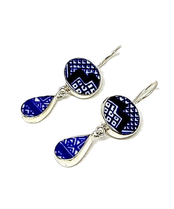 Blue and White Graphic Vintage Pottery Double Drop Earrings