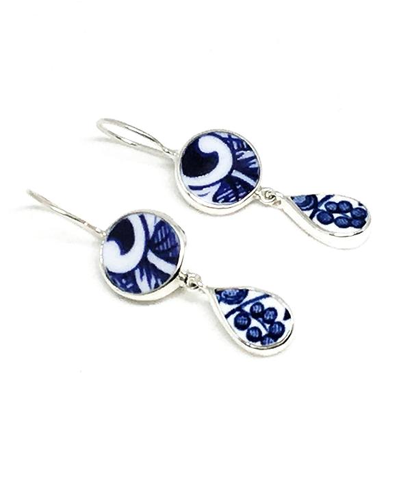 Blue and White Abstract Vintage Pottery  Drop Earrings