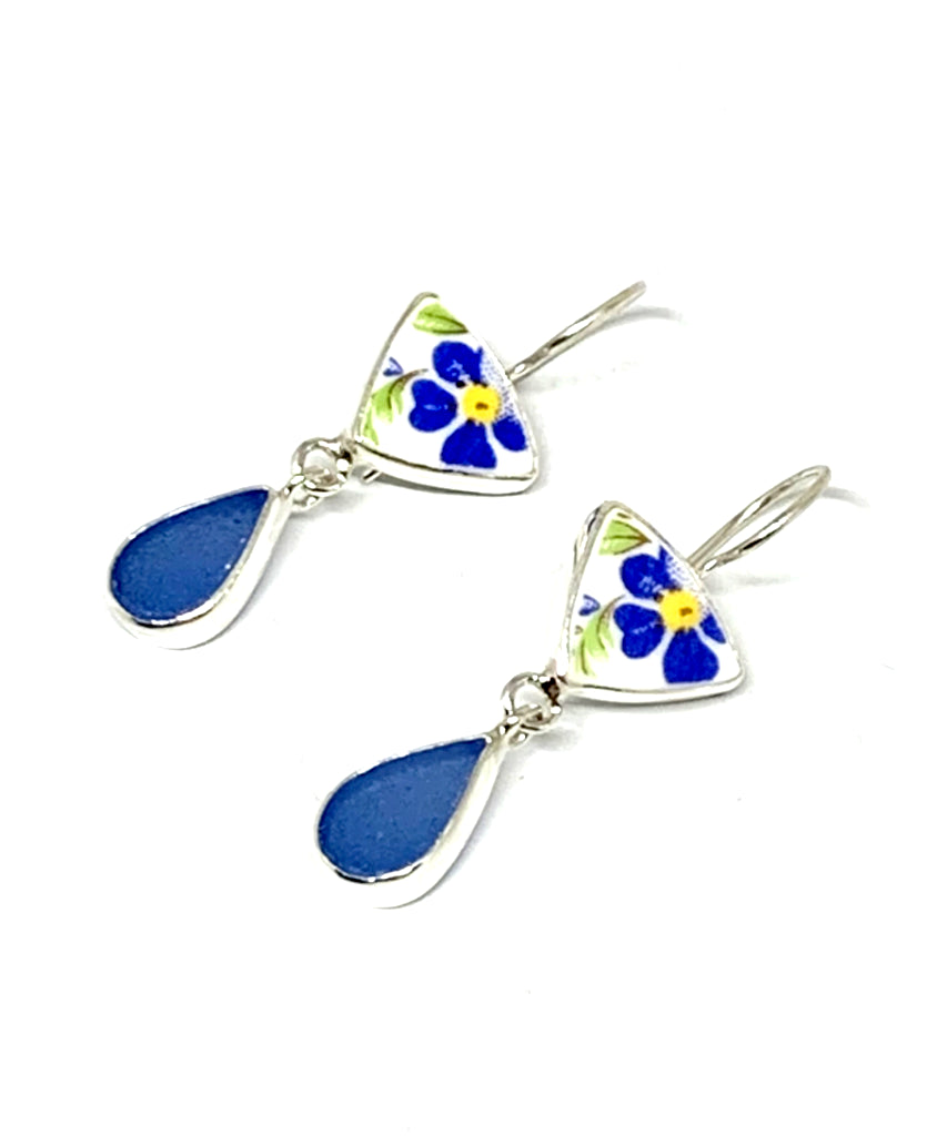 Blue & Yellow Flower Vintage Pottery with Blue Sea Glass Double Drop Earrings