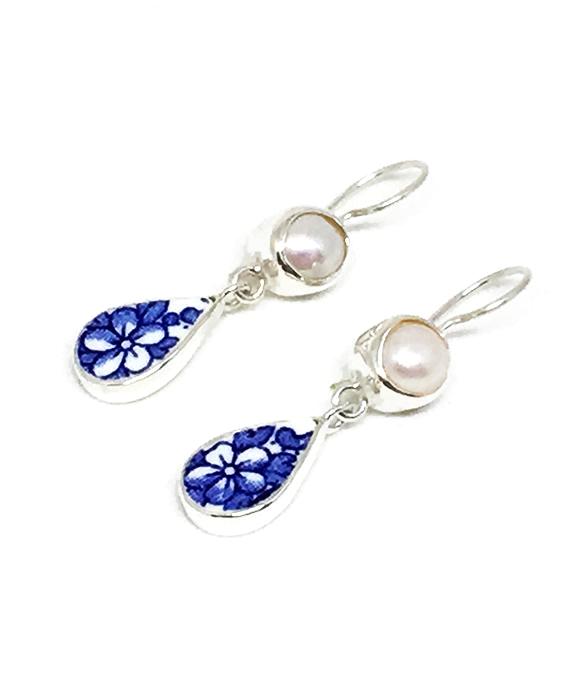 Blue and White Flower Vintage Pottery & Pearl Double Drop Earrings