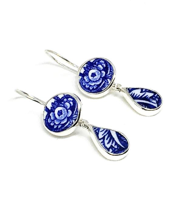 Blue and White Flower Vintage Pottery  Drop Earrings