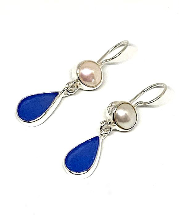 Blue Sea Glass with Pearl Earrings Double Drop Earrings